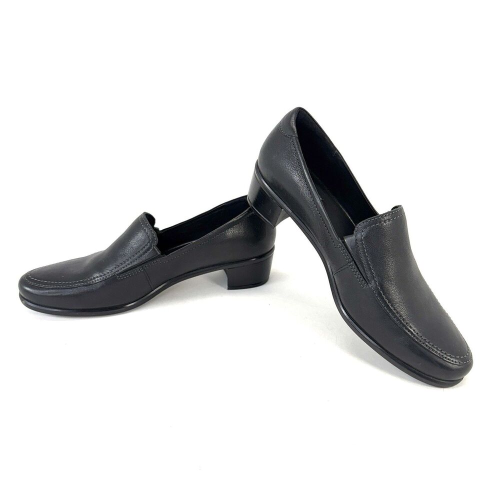 Ecco Block Heel Slip On Black Leather Comfort Pumps US 8/8.5 EU 39 Loafers